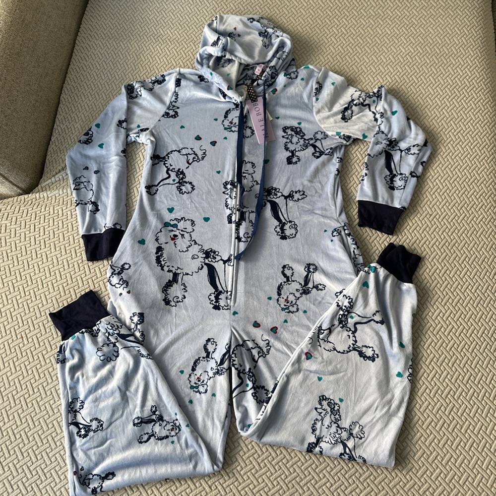 Hale Bob Onesie Zip Up Hoodie Pajamas with Poodle Print Size Med baby blue NWT